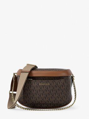 Michael Kors Large Monogram Sling Bag Crossbody Brown MK Belt Bag Gold Chain